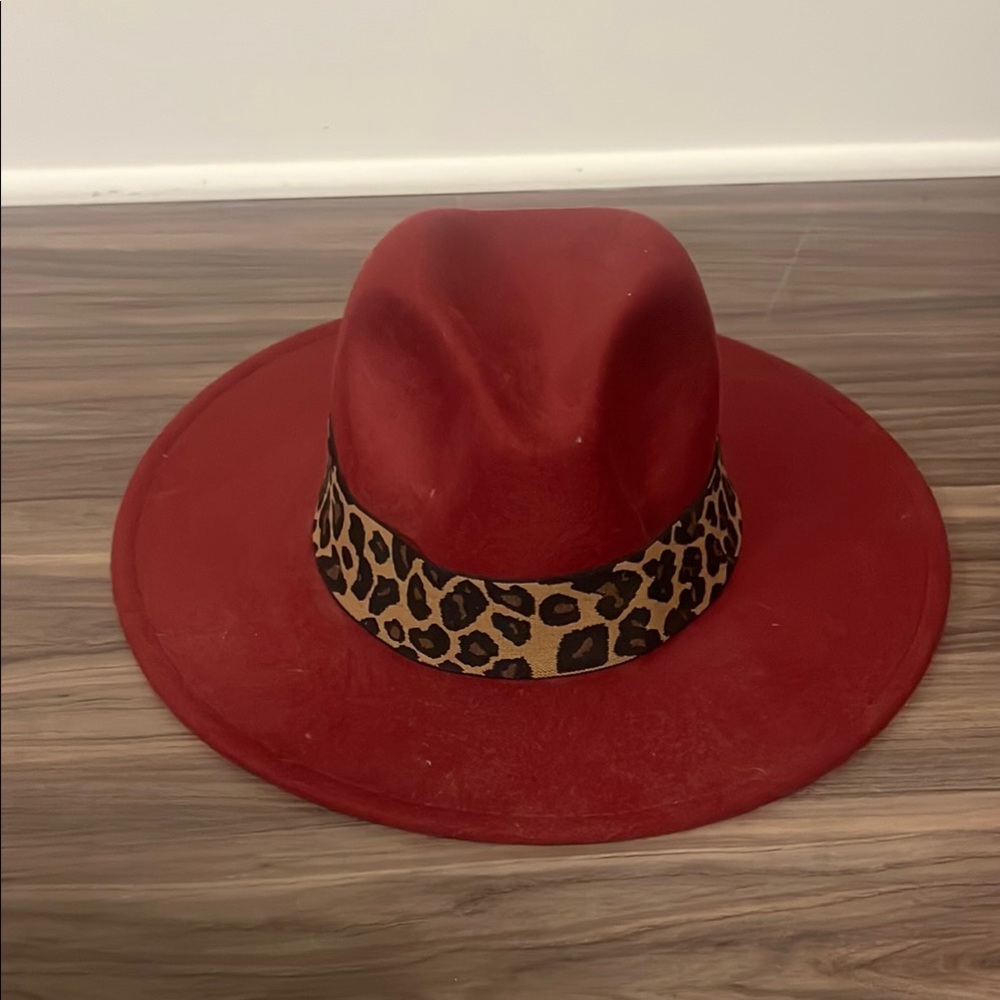 Red Wide-Brim Hat with Leopard Band